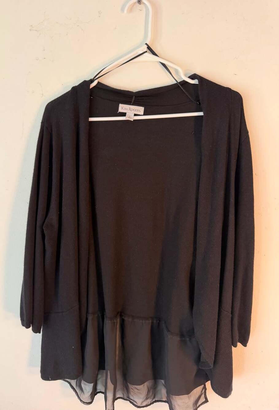 Kim Rogers Open Front Cardigan Size L Black Chiffon Hem